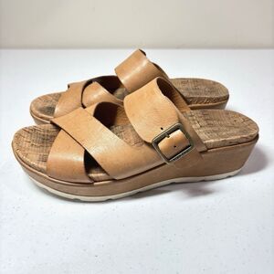 Kork-Ease Callie Wedge Sandals Camel Brown Leather Womens 9M Cork Buckle Comfort